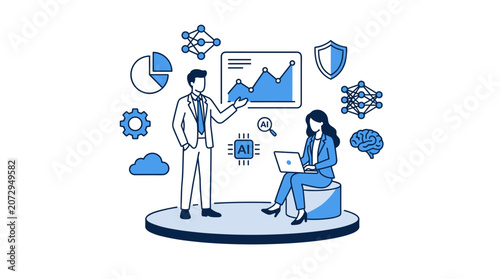 AI business analytics vector illustration with professionals, data dashboard, cloud, cybersecurity and machine learning icons