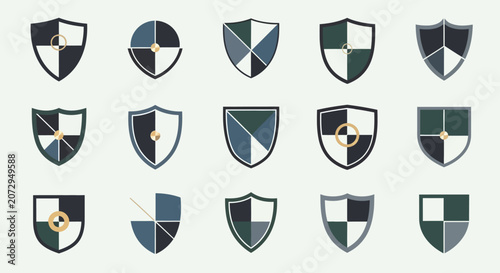 Collection of stylized shield emblems in various designs and colors