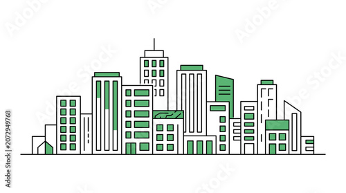 Modern green city skyline vector illustration with office buildings, urban architecture line art panorama