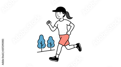 Young woman jogging outdoors in park, simple fitness runner vector illustration for healthy active lifestyle
