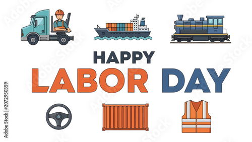 Schilderij op canvas Labor Day Celebration: A vibrant graphic illustration depicts the spirit of Labor Day with a truck, cargo ship, train, steering wheel, cargo container, safety vest, and the text Happy Labor Day