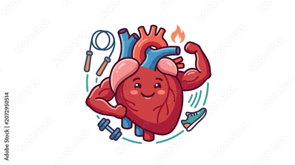 Fototapeta premium Strong Happy Heart Character Exercise Fitness Mascot