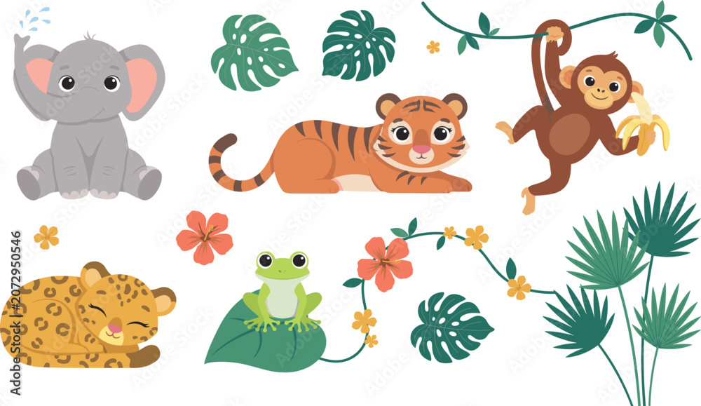 Fototapeta premium Cute Jungle Animal Vector Character Set with Baby Elephant, Tiger, Hanging Monkey, Sleeping Leopard, Frog, and Tropical Botanical Elements for Kids Designs