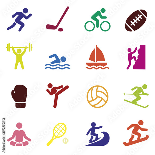 Colorful Sports Icons Collection – Running, Cycling, Swimming, Surfing, Boxing and More Vector Set