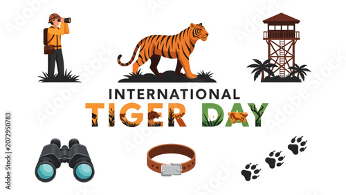 Obraz na płótnie International Tiger Day Celebration: A vibrant graphic celebrating International Tiger Day, featuring a majestic tiger, a wildlife observer with binoculars, a watchtower, and paw prints