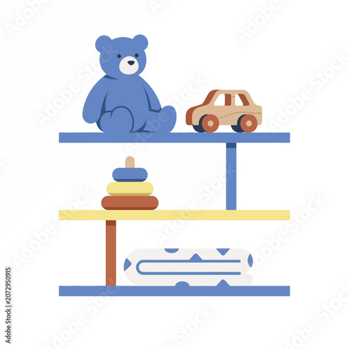 Blue teddy bear on shelf with toys 1.