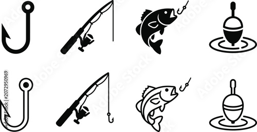 Fotografía fishing icon collection with hook, rod, lure and fish silhouette for outdoor des
