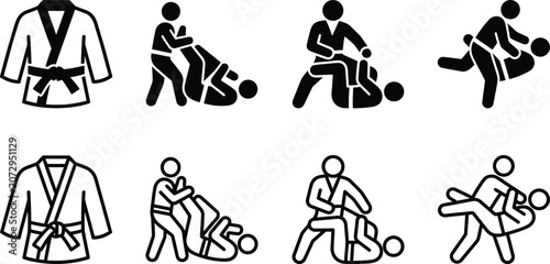 sports icon collection of monochrome jujitsu grappling poses in vector style set