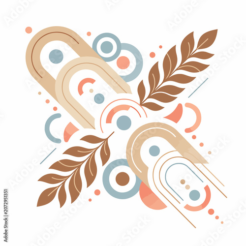 Brown leaves and decorative abstract shapes.