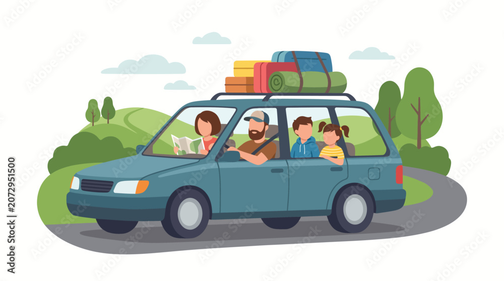 Fototapeta premium Road Trip Family Journey with Luggage on Car