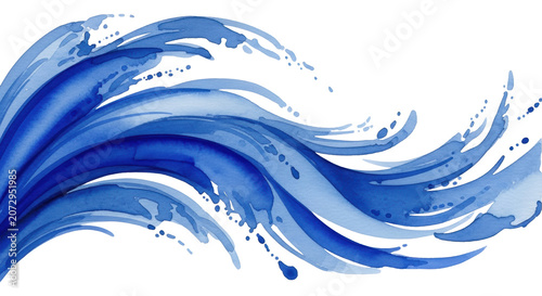 Abstract watercolor illustration of flowing water in sapphire and indigo blue on a textured white background with copy space. Concept of fluidity and serenity