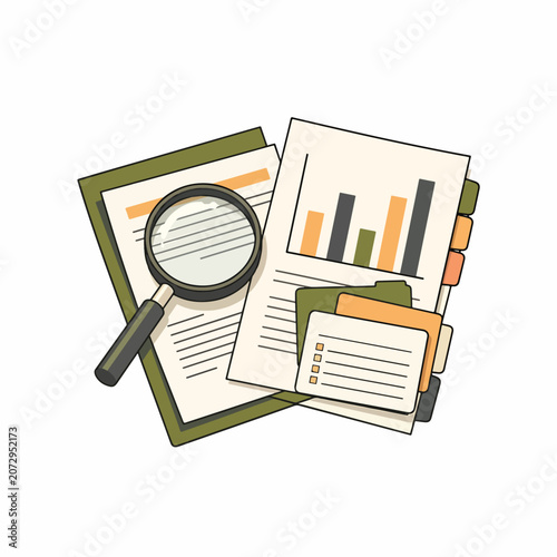 Business documents with magnifying glass analysis.