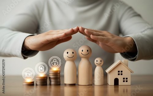 Person Protecting Family, House and Financial Symbols with Hands, Insurance, Financial Security and Wealth Protection Concept
