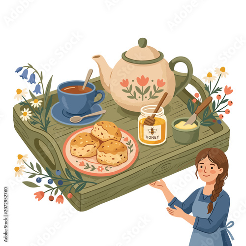 Woman holding tray with tea and biscuits.