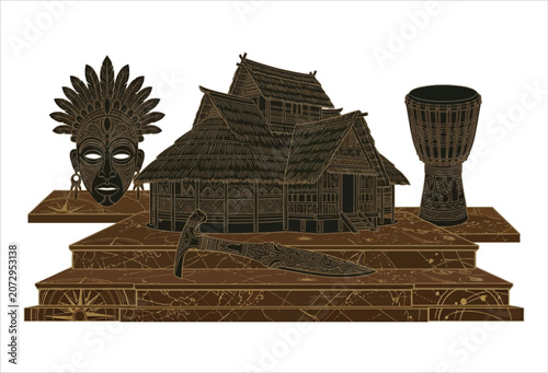 Tableau sur toile African tribal artifacts and thatched roof house detailed vector illustration