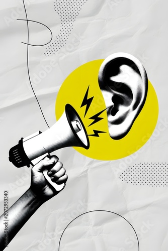 Hand Holding Megaphone Speaking to Large Ear Representing Fake News Social Issues and Media Influence