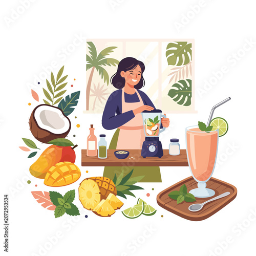 Woman preparing tropical fruit smoothie.