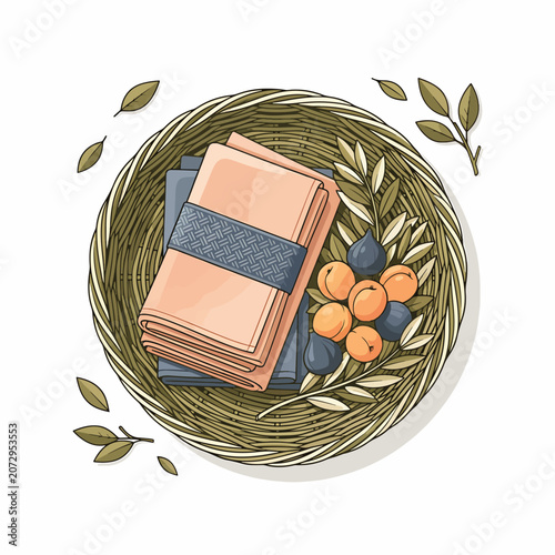 Woven basket with napkins and oranges.