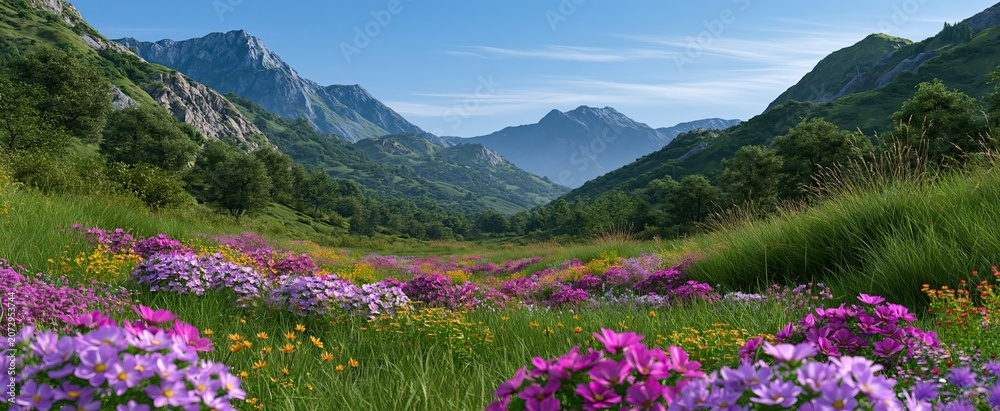 Obraz premium A vibrant 3D valley filled with blooming wildflowers under bright sunlight, perfect for nature adventure promotions.