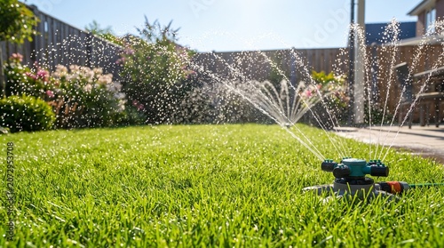 Garden sprinkler system spraying water across a lush green lawn for summer garden maintenance  