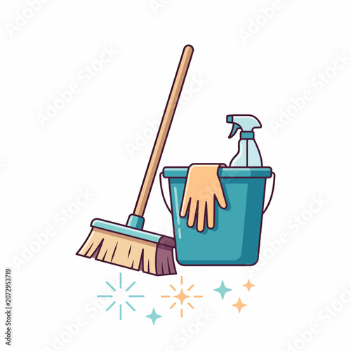 Cleaning supplies and tools on white.