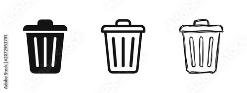 Photos Trash can garbage bin icon set in three styles