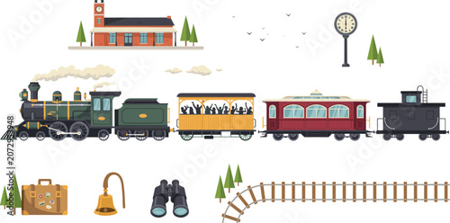 Schilderij op canvas Vintage Steam Locomotive Train Set with Passenger Carriages, Railroad Station, T