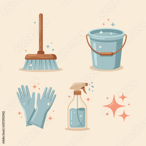 Cleaning supplies for household chores.