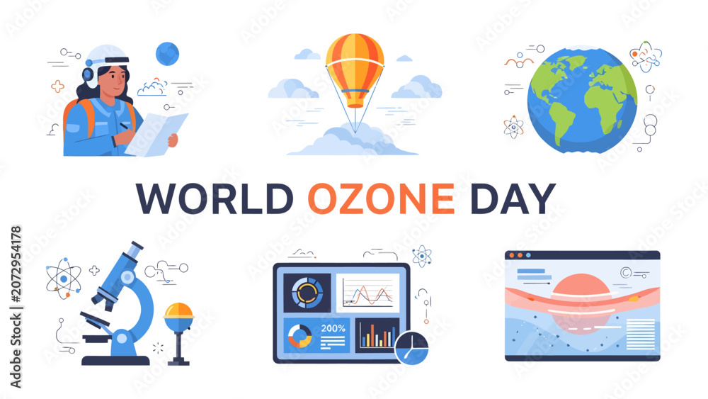 Fototapeta premium World Ozone Day Collage: A vibrant collage illustrating key elements of World Ozone Day, featuring scientific research, environmental awareness, and global collaboration for ozone layer protection.