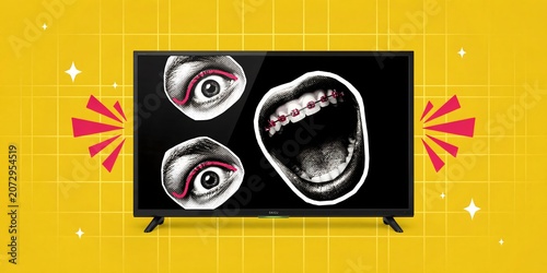 Illustration of Television with Eyes and Mouth Representing Fake News and Media Manipulation