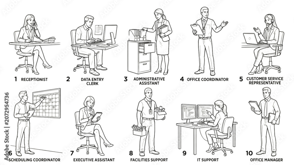 Obraz premium Administration & Support Staff Poses Line Art Collection | 10 Premium Hospital Workflow Vector Pack