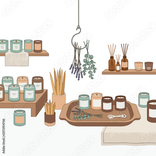 Aromatherapy candles and essential oils display.