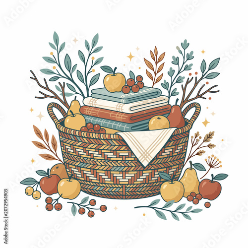 Woven basket with books and fruit.