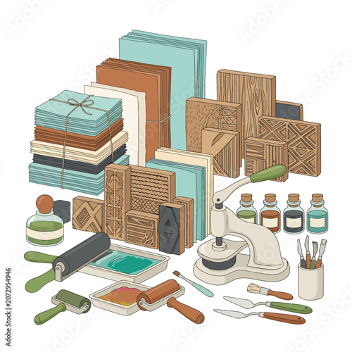 Artistic printmaking tools and materials.