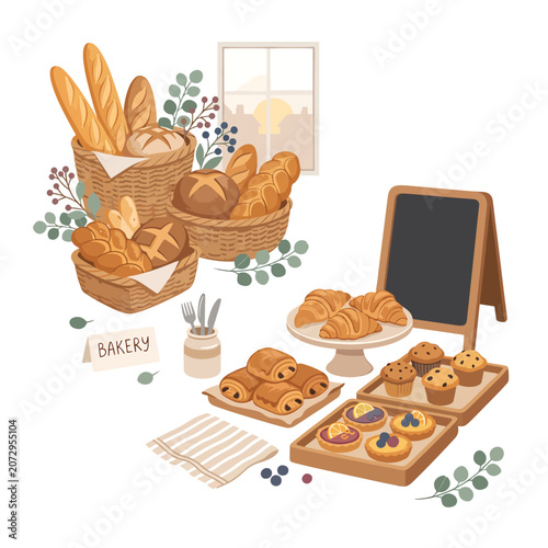 Assorted baked goods on wooden boards.