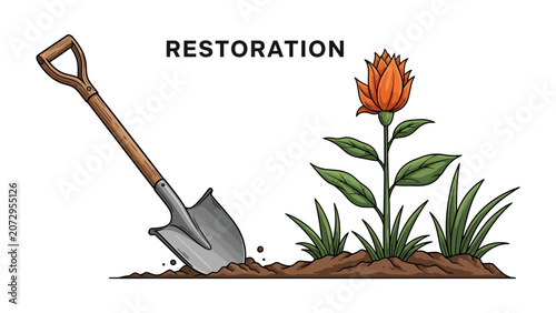 Принти на полотні Restoration of Nature: A shovel digs into the earth next to a flourishing plant and grass, symbolizing the vital process of ecological restoration and growth