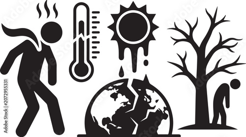Global Warming Climate Change Icons Set, Heat Wave and Drought Symbols on isolated transparent background