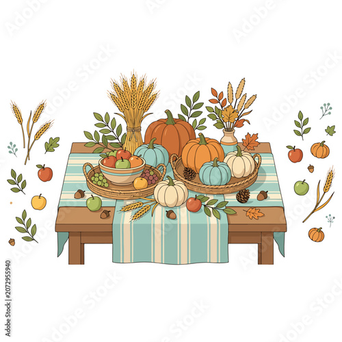 Autumn Harvest Table Setting with Pumpkins.