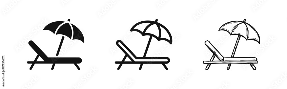 Obraz premium Set of beach chair and umbrella icons in solid, outline, and sketch styles