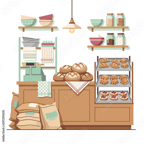 Bakery display with bread and pastries.