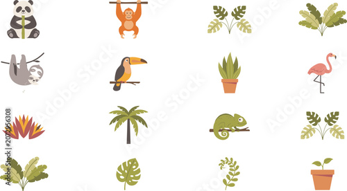 Photography Cute Tropical Jungle Animal and Botanical Icon Set with Panda, Sloth, Toucan, Fl