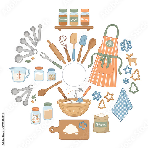 Baking Ingredients and Kitchen Utensils Display 1.