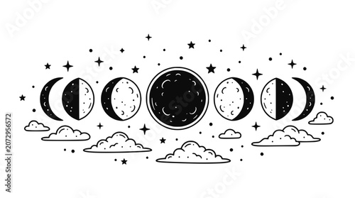 Schilderij op canvas Moon Phases with Stars and Clouds - Celestial Cycle Illustration
