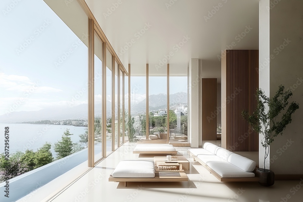 Obraz premium Stylish coastal home with bright interiors and large windows capturing stunning ocean views.
