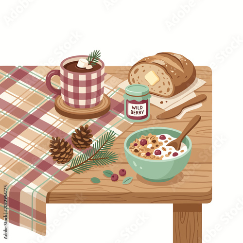 Breakfast table with cereal and bread.