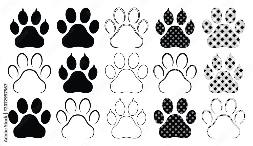 Fototapeta premium Dog paw print vector set, black and white animal footprint collection, pet paw silhouette and outline icons, animal track graphics for branding and design projects