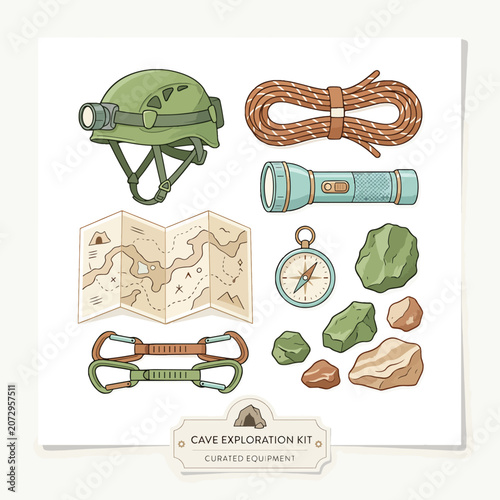 Cave exploration kit with gear.