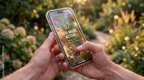 Two hands hold a smartphone with a translucent casing revealing embedded seeds and plant fibers, displaying 