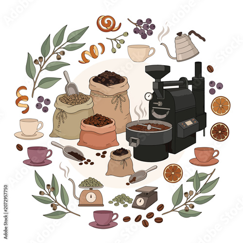 Coffee Beans and Brewing Equipment Illustration 3.