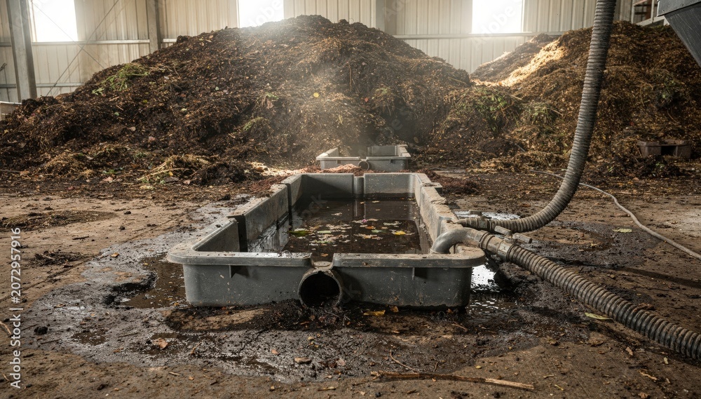Fototapeta premium Medium shot showing plastic sumps installed in a compost facility collecting leachate runoff designed for easy transport and recycling of nutrientrich water.